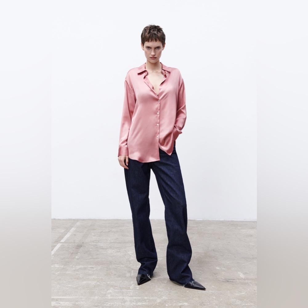 ZARA Satin Effect Oversized Loose Collared Button Down Dolman Sleeve Blouse Pink - Picture 3 of 14